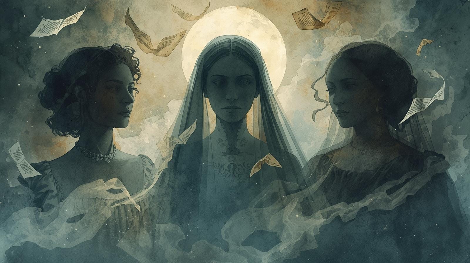 Artistic portrayal of three famous witches, rendered as glowing spirits under a moonlit sky.