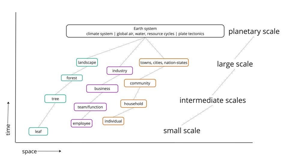 A chart indicating distinct systems operating at different scales.