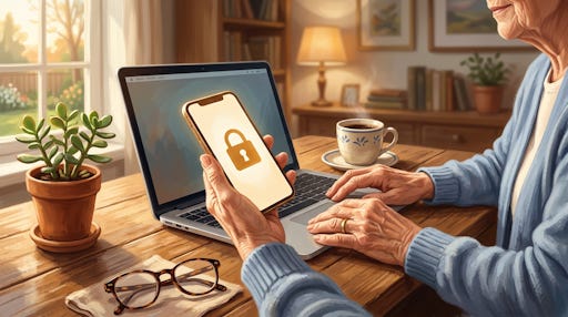 A senior looking at a phone with a picture of a lock on it.