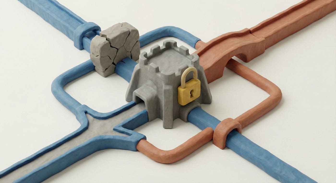 A claymation-style illustration of a central grey fortress secured by a yellow padlock, acting as a junction for blue and red pipelines. A large, cracked rock blocks one of the blue paths, symbolizing the “Model Router” architecture’s ability to manage traffic and reroute around blocked or failed connections.