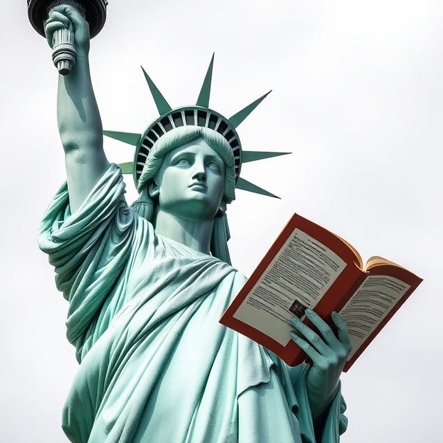 A statue of liberty holding a book with Statue of Liberty in the background

Description automatically generated