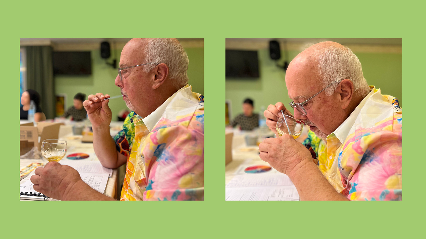two photos of Jeff Garden smelling and tasting honey at the Italian National Register of Experts in the Sensory Analysis of Honey.