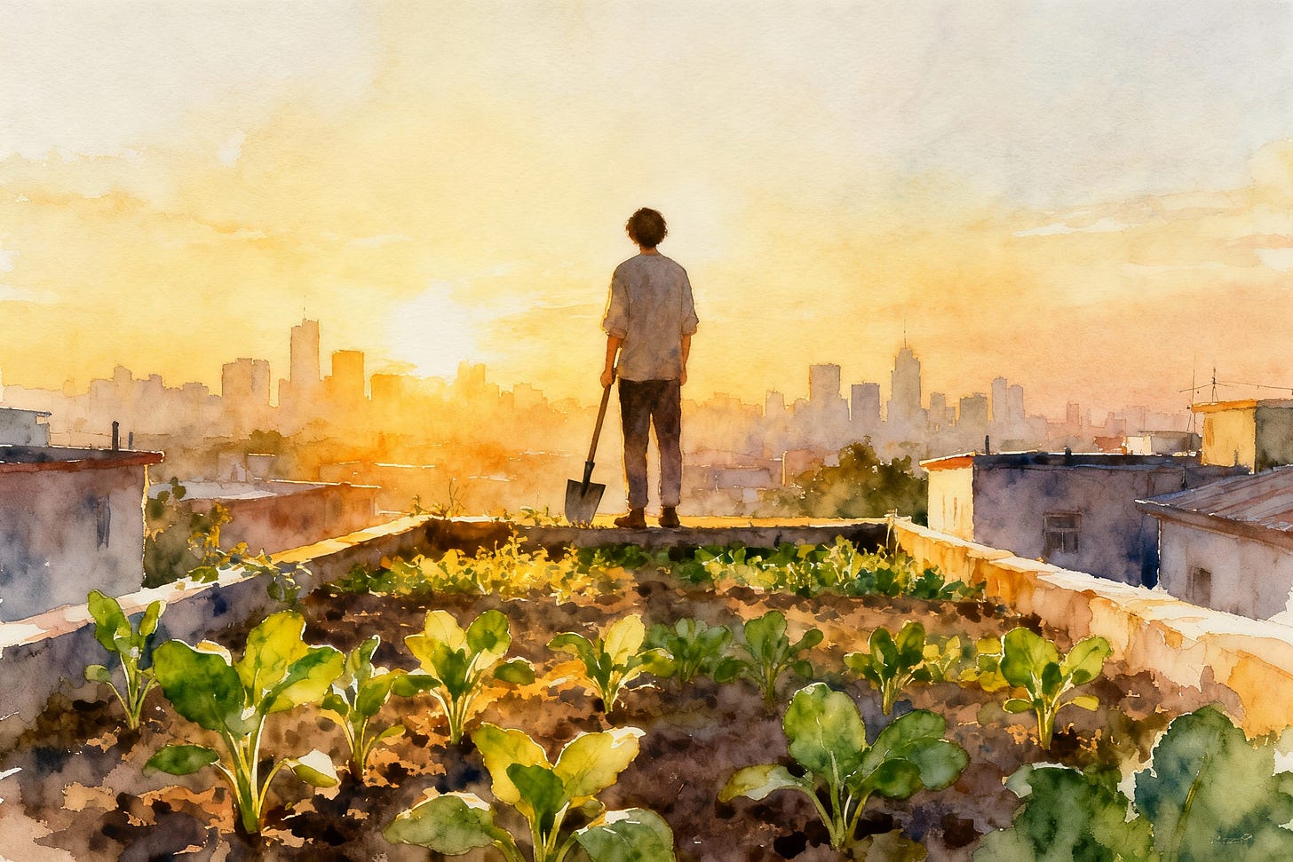 Person starting a small farm on the city’s edge at sunrise, looking toward the skyline as they lay the groundwork for a new food journey. Person starting a small farm on the city’s edge at sunrise, looking toward the skyline as they lay the groundwork for a new food journey.