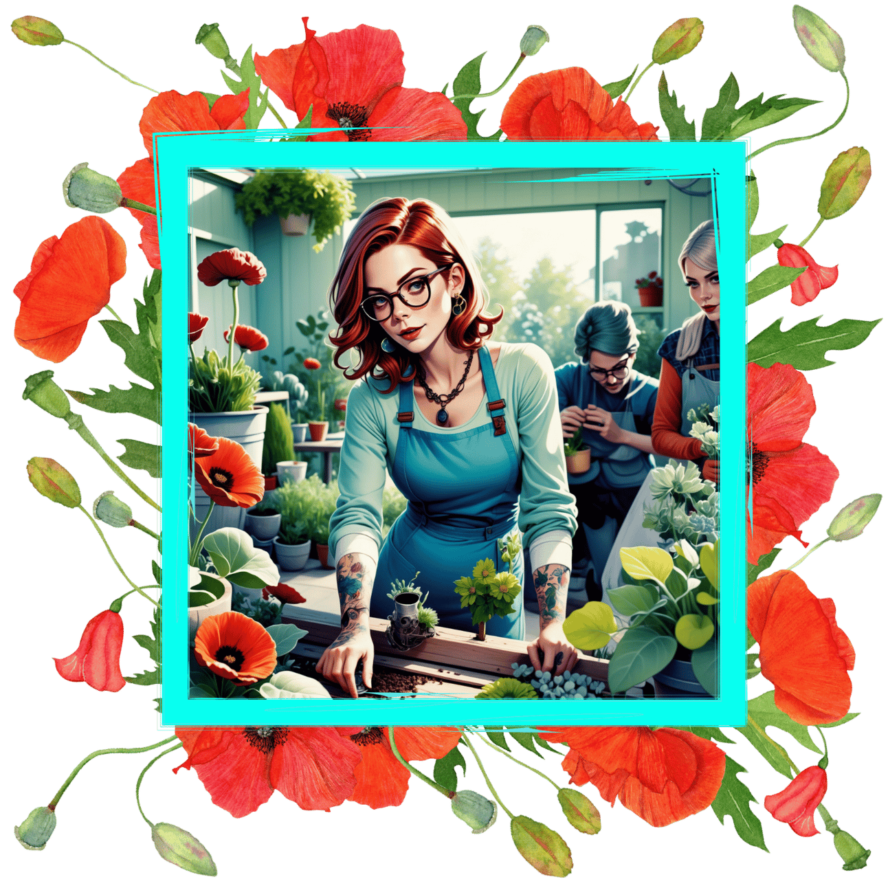 An image of a smart woman in her greenhouse, there are red poppies around her and she has red hair that frames her face 