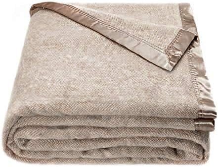 Spencer &amp; Whitney Bed Blanket - Herringbone Wool Throw Blanket, Beige, Large Queen Size