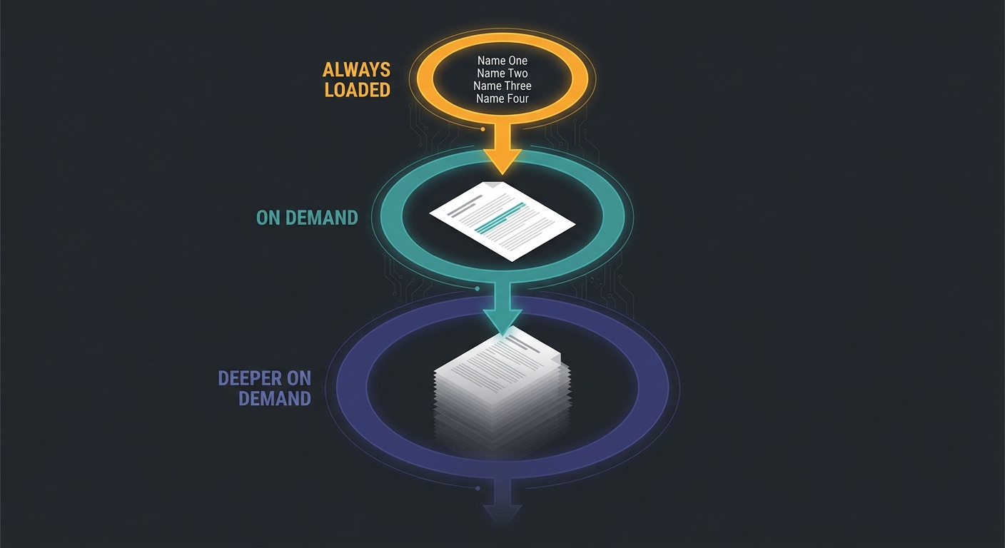 Three tiers of progressive disclosure: a thin always-loaded list of names, one document loaded on demand, and a dimmed stack of references loaded deeper on demand Three tiers of progressive disclosure: a thin always-loaded list of names, one document loaded on demand, and a dimmed stack of references loaded deeper on demand