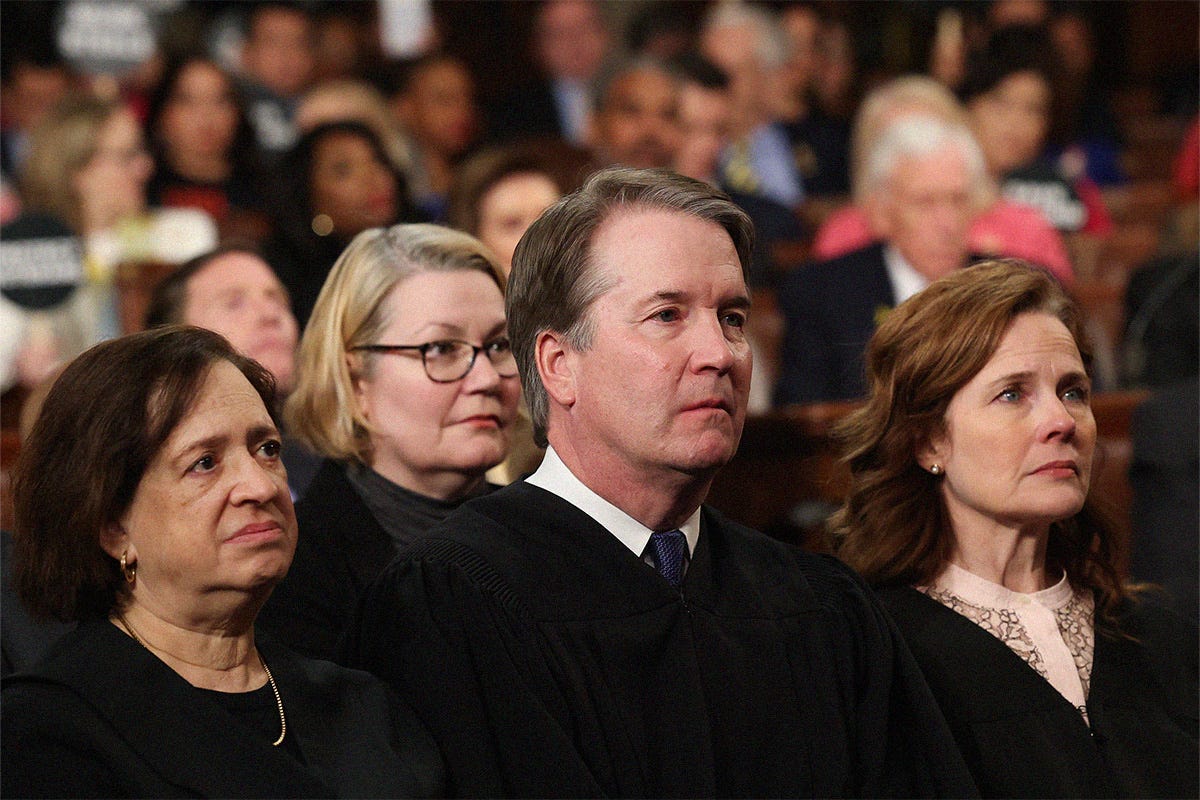 U.S. Supreme Court Justice Elena Kagan, Supreme Court Chief Justice John Roberts and Amy Coney Barrett attend U.S. President Donald Trump's address to a joint session of Congress at the U.S. Capitol on March 04, 2025 in Washington, DC.