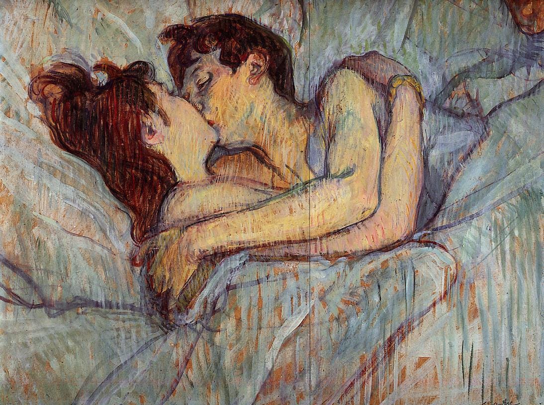 Two women under the sheets, one leaning to kiss the other Two women under the sheets, one leaning to kiss the other