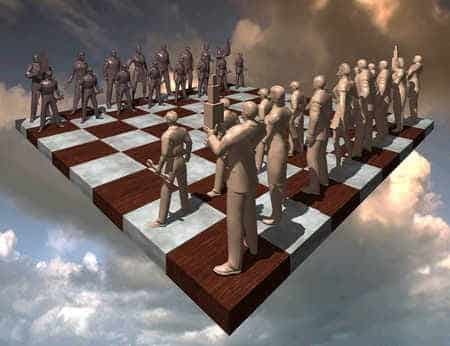 A chess board with many people standing on it

Description automatically generated