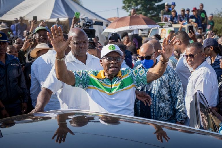 Former president of the A.N.C. and South Africa, Jacob Zuma, waves to supporters after casting his ballot in Nkandla, Kwazulu Natal, South Africa, Wednesday, May 29, 2024 during the general elections. South Africans are voting in an election seen as their country's most important in 30 years, and one that could put them in unknown territory in the short history of their democracy, the three-decade dominance of the African National Congress party being the target of a new generation of discontent in a country of 62 million people. (AP Photo/Emilio Morenatti) Former president of the A.N.C. and South Africa, Jacob Zuma, waves to supporters after casting his ballot in Nkandla, Kwazulu Natal, South Africa, Wednesday, May 29, 2024 during the general elections. South Africans are voting in an election seen as their country's most important in 30 years, and one that could put them in unknown territory in the short history of their democracy, the three-decade dominance of the African National Congress party being the target of a new generation of discontent in a country of 62 million people. (AP Photo/Emilio Morenatti)