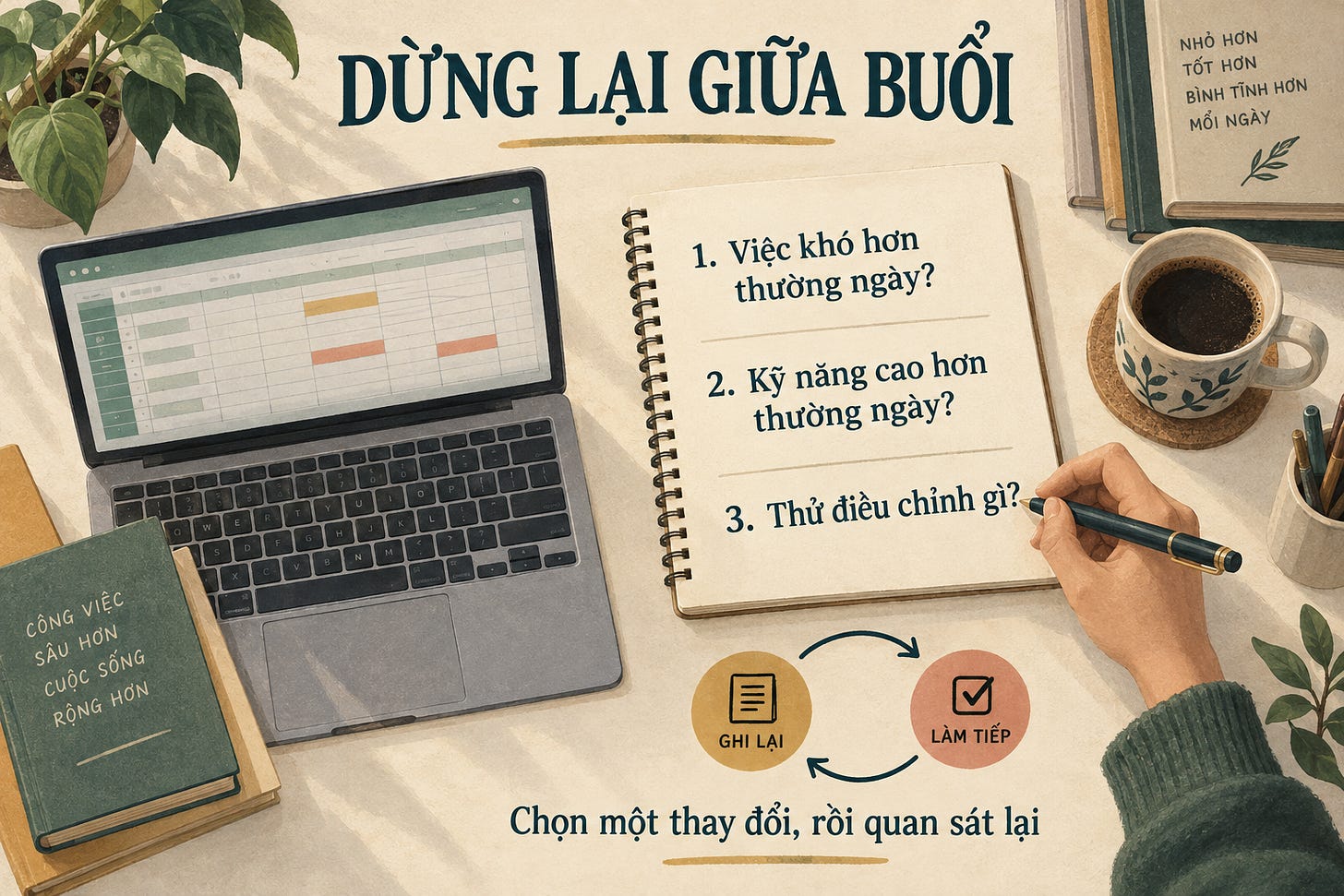 Sổ cạnh máy tính với ba câu hỏi về thử thách, kỹ năng so với thường ngày và điều chỉnh muốn thử; mũi tên ghi lại, làm tiếp.