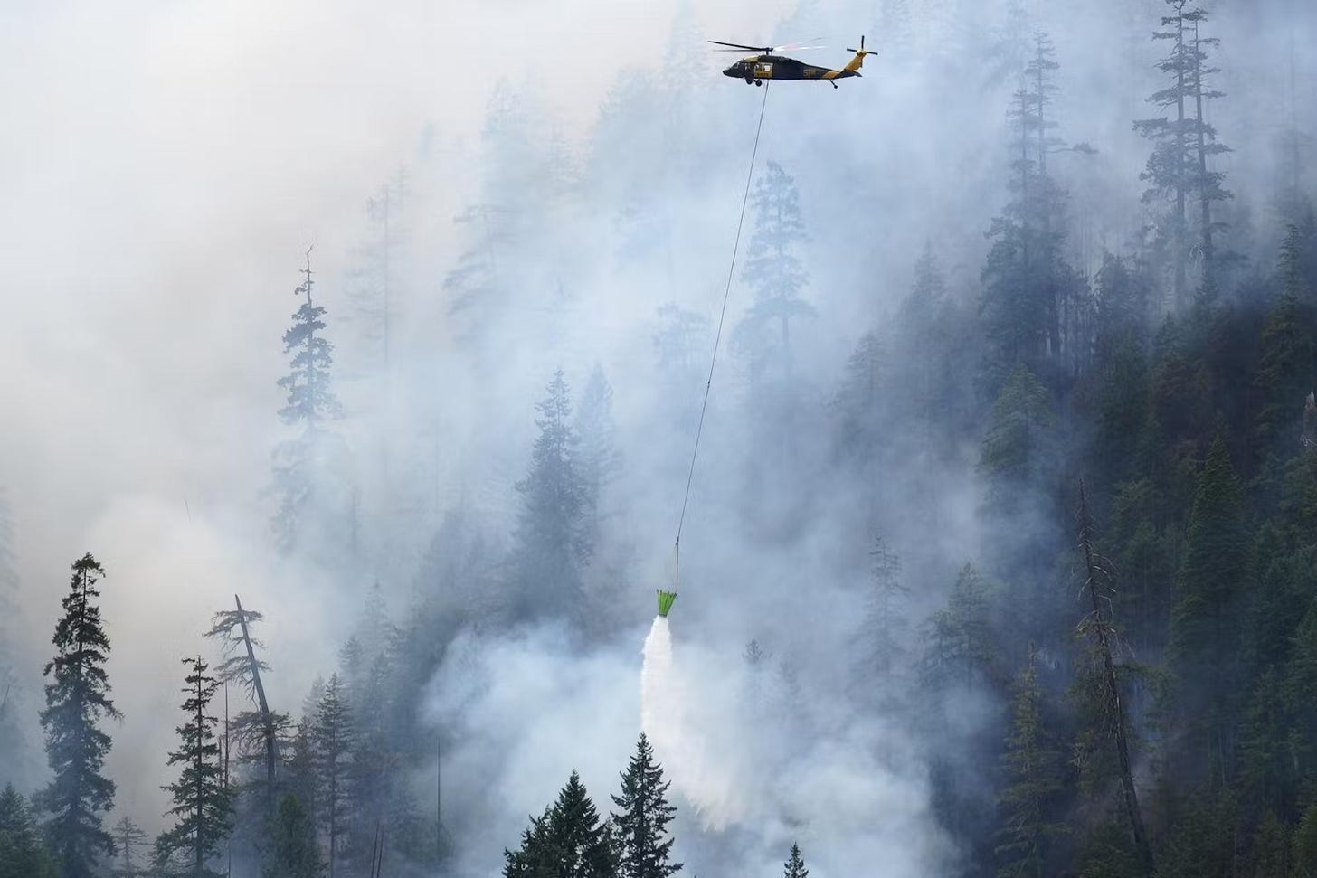 A helicopter drops water on the Bear Gulch Fire on Washington's Olympic Peninsula on Aug. 5, 2025.