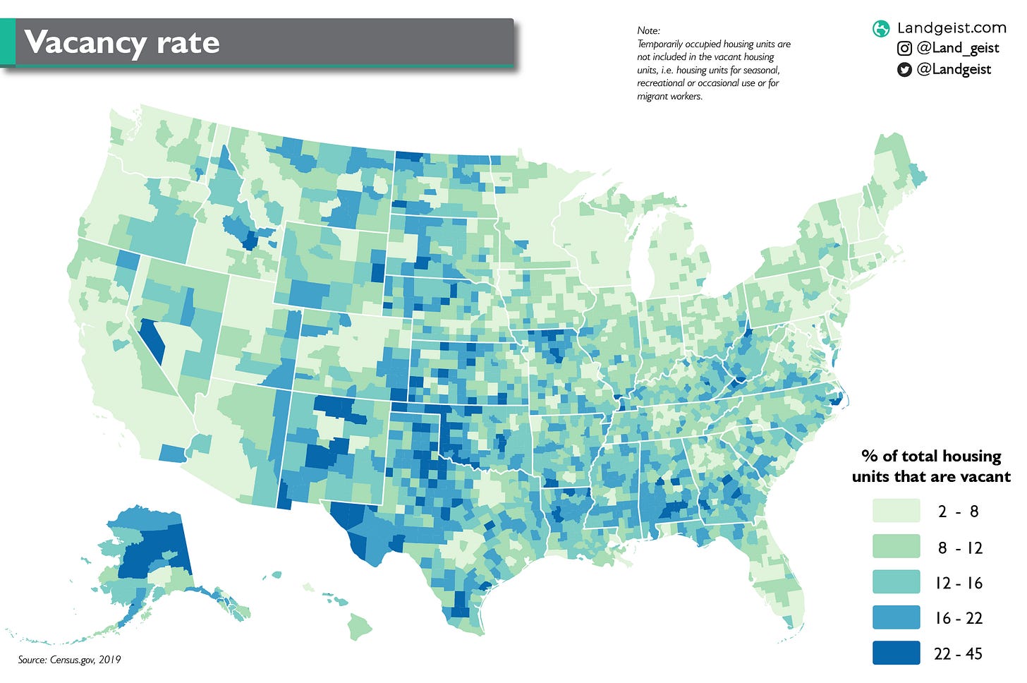 Map showing the vacancy rate at the county level in the United States.