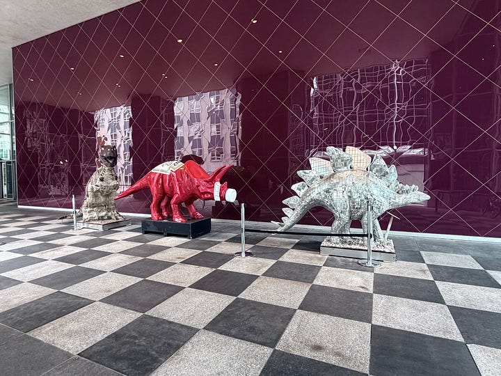 buildings, dinosaurs, facade, street
