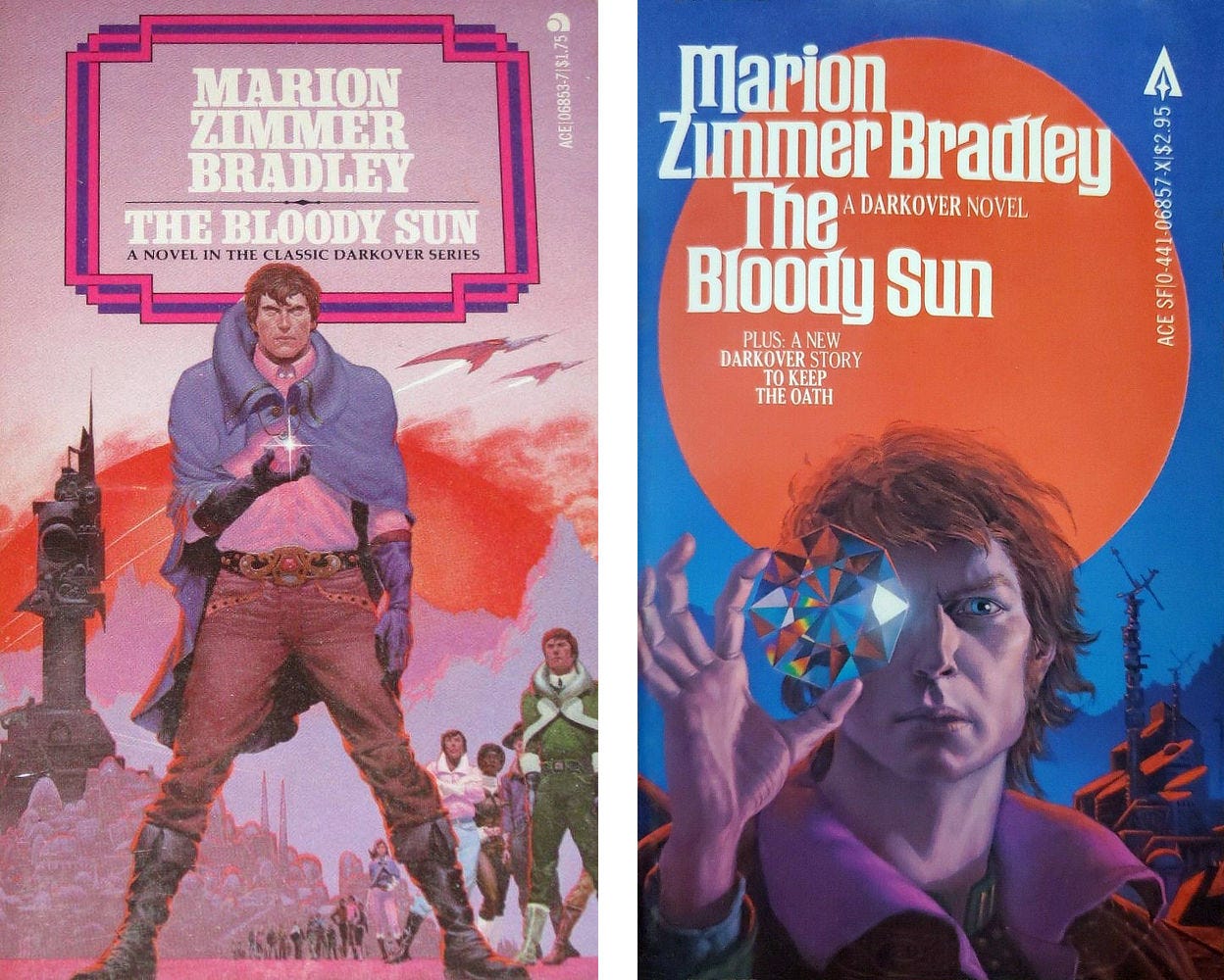Side-by-side presentation of paperback covers for THE BLOODY SUN by Marion Zimmer Bradley, published by Ace Books. The 1975 edition is on the left next to the 1979, both featuring Michael Whelan art.