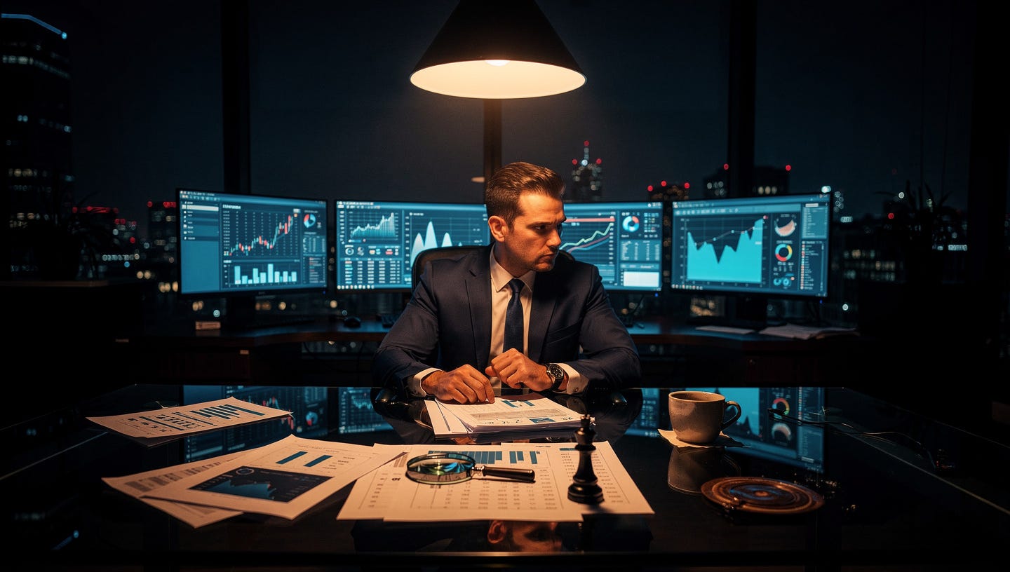 A photorealistic cinematic editorial image. A focused analyst sits alone late at night at a large dark desk, illuminated only by the warm glow of multiple monitors displaying financial reports, organizational charts, and compensation structures. His expression is intense and concentrated — like a detective piecing together a case. On the glass desk surface, printed documents, a magnifying glass, and a chess king piece rest beside a half-empty coffee cup. The room is dark except for the screen light and a single architectural lamp casting a tight warm cone overhead. Shot on 35mm lens, dramatic chiaroscuro lighting. Color palette: deep black, electric blue screen glow, warm amber lamp light. No text on screens. 16:9, ultra-realistic, 8K. A photorealistic cinematic editorial image. A focused analyst sits alone late at night at a large dark desk, illuminated only by the warm glow of multiple monitors displaying financial reports, organizational charts, and compensation structures. His expression is intense and concentrated — like a detective piecing together a case. On the glass desk surface, printed documents, a magnifying glass, and a chess king piece rest beside a half-empty coffee cup. The room is dark except for the screen light and a single architectural lamp casting a tight warm cone overhead. Shot on 35mm lens, dramatic chiaroscuro lighting. Color palette: deep black, electric blue screen glow, warm amber lamp light. No text on screens. 16:9, ultra-realistic, 8K.