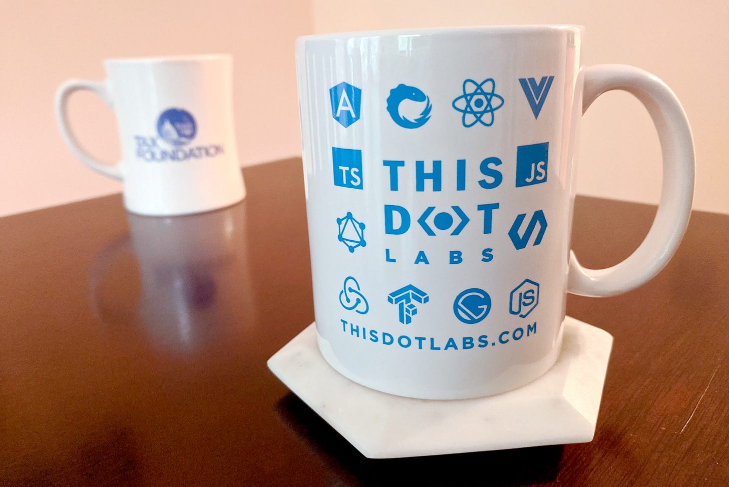 In the background, my old Tax Foundation coffee mug. In the foreground, my new This Dot Labs coffee mug.