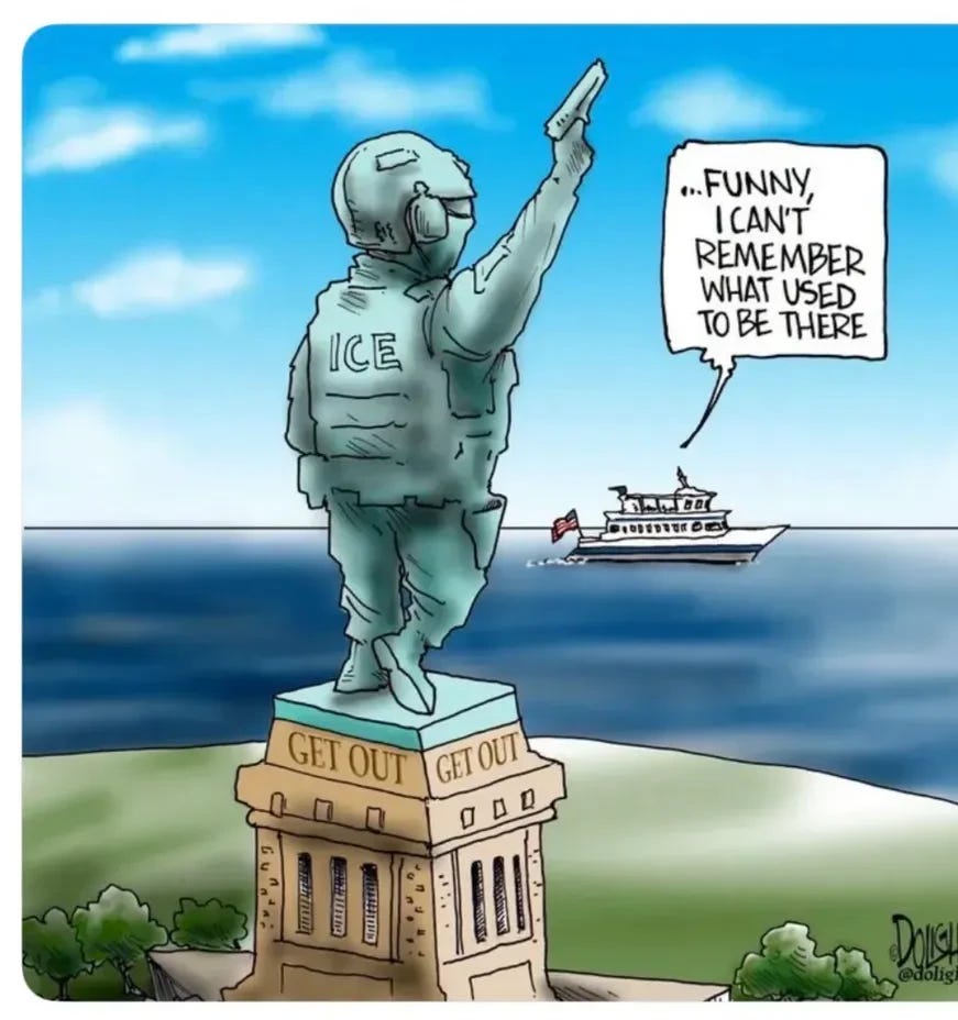 Cartoon by Tim Doligan with an armed ICE agent where the Statue of Liberty should be.