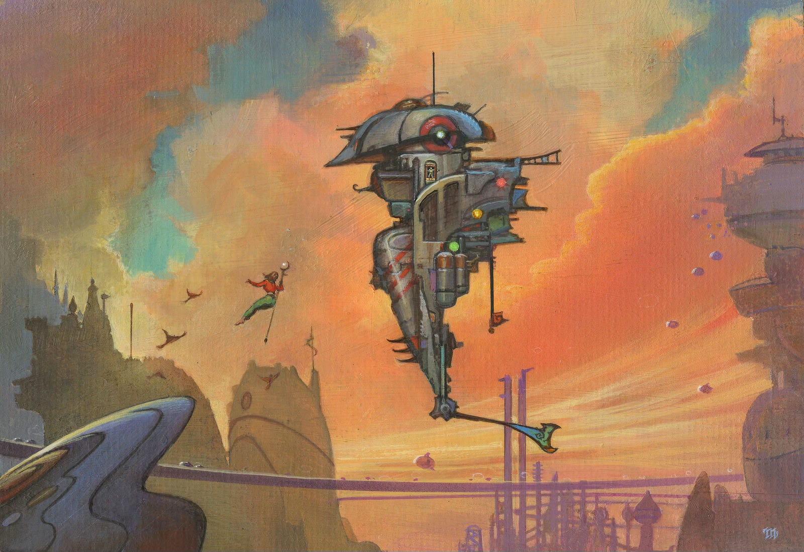 A traffic directing ship hovers in front of a bank of orange clouds. A tiny figure in the doorway looks out to a woman holding a long staff hovering with her back to the audience. She seems to be crossing from a ramp in the lower left to the droid. Below, an elevated roadway tinted purple sweeps across a futuristic city. Vehicles hover across its length. From a tower on the right edge of the panel, air ships descend like a stream of balloons trailing down.