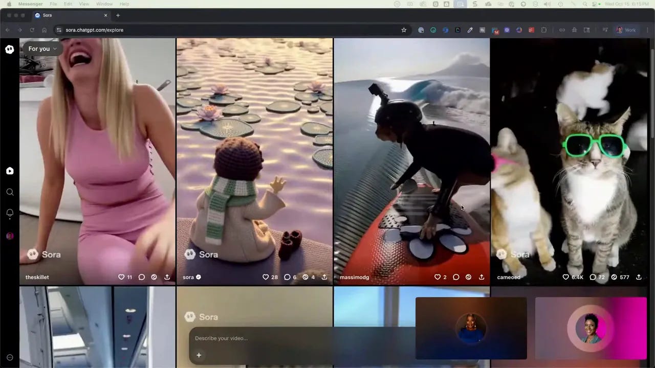 Sora 2 UI with example AI-generated clips on a feed