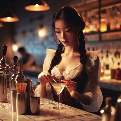A photorealistic image of a woman with two long braids behind a bar making a martini Medium shot: Canon EF 24-70mm f/2.8L II USM lens on a Canon EOS 5D Mark IV camera shot by professional photographer, candid shot, warm lighting