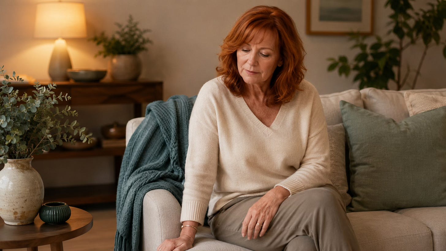 Reflective woman sitting on a sofa, representing the tender fear of being too much or not enough in relationships.