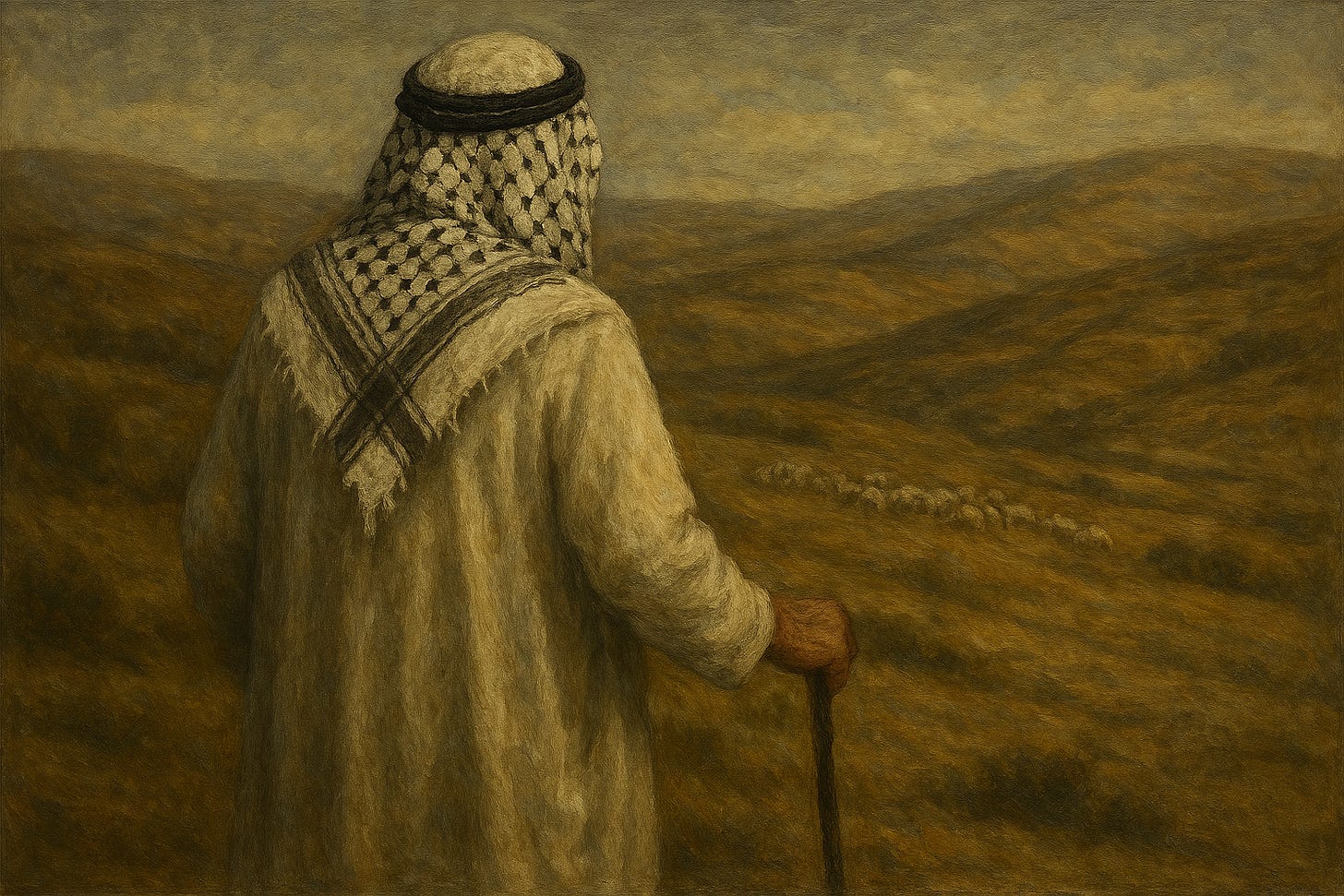 Old Arab man walking amidst hills. Old Arab man walking amidst hills.