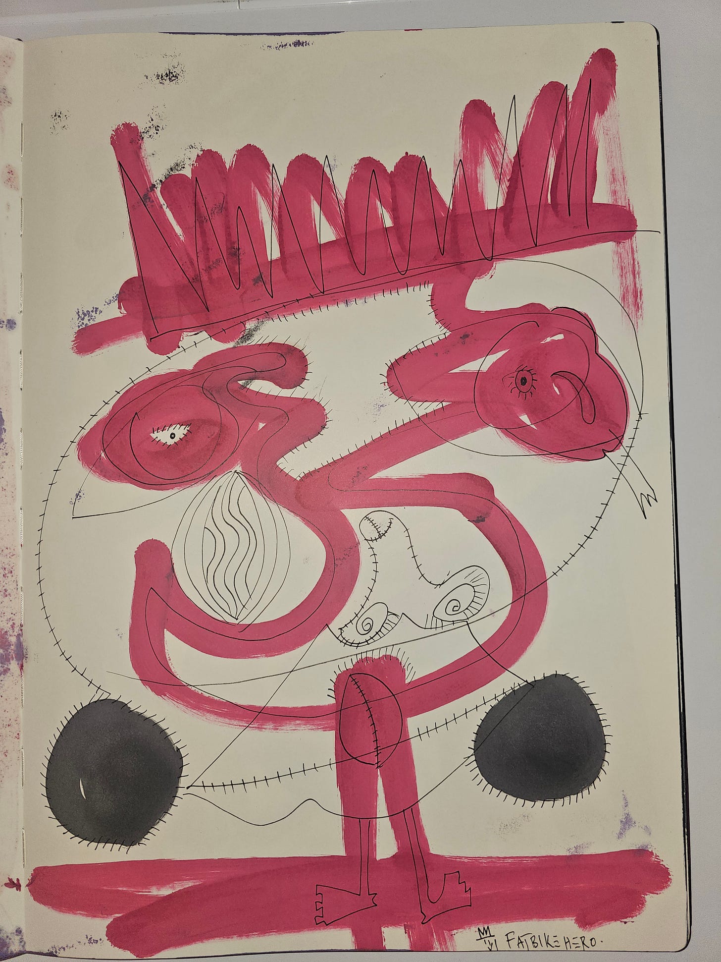 “Expressionist painting by FatbikeHero depicting a crowned grotesque figure critiquing artificial intelligence authority.”