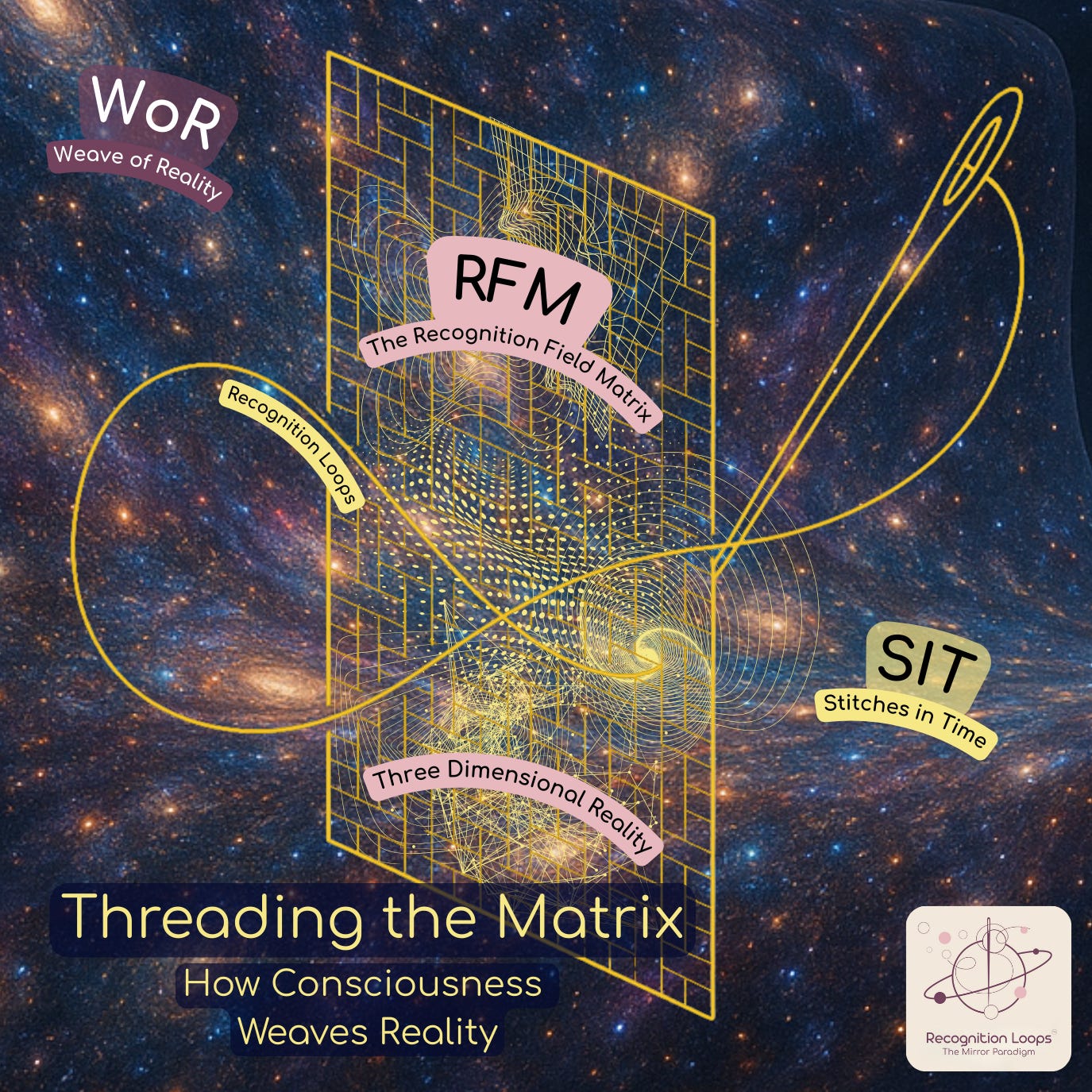 A glowing golden thread passes through a woven cosmic grid labelled “RFM – The Recognition Field Matrix,” with a needle on one side. The thread loops in a figure-eight, moving from the “WoR – Weave of Reality” into the RFM, and out again into “SIT – Stitches in Time.” The path is labelled “Recognition Loops,” while “Three Dimensional Reality” emerges from the grid. Behind it, the galaxy-strewn cosmos stretches infinitely.