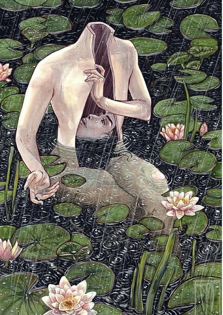This may contain: a painting of a man sitting in the water surrounded by lily pads