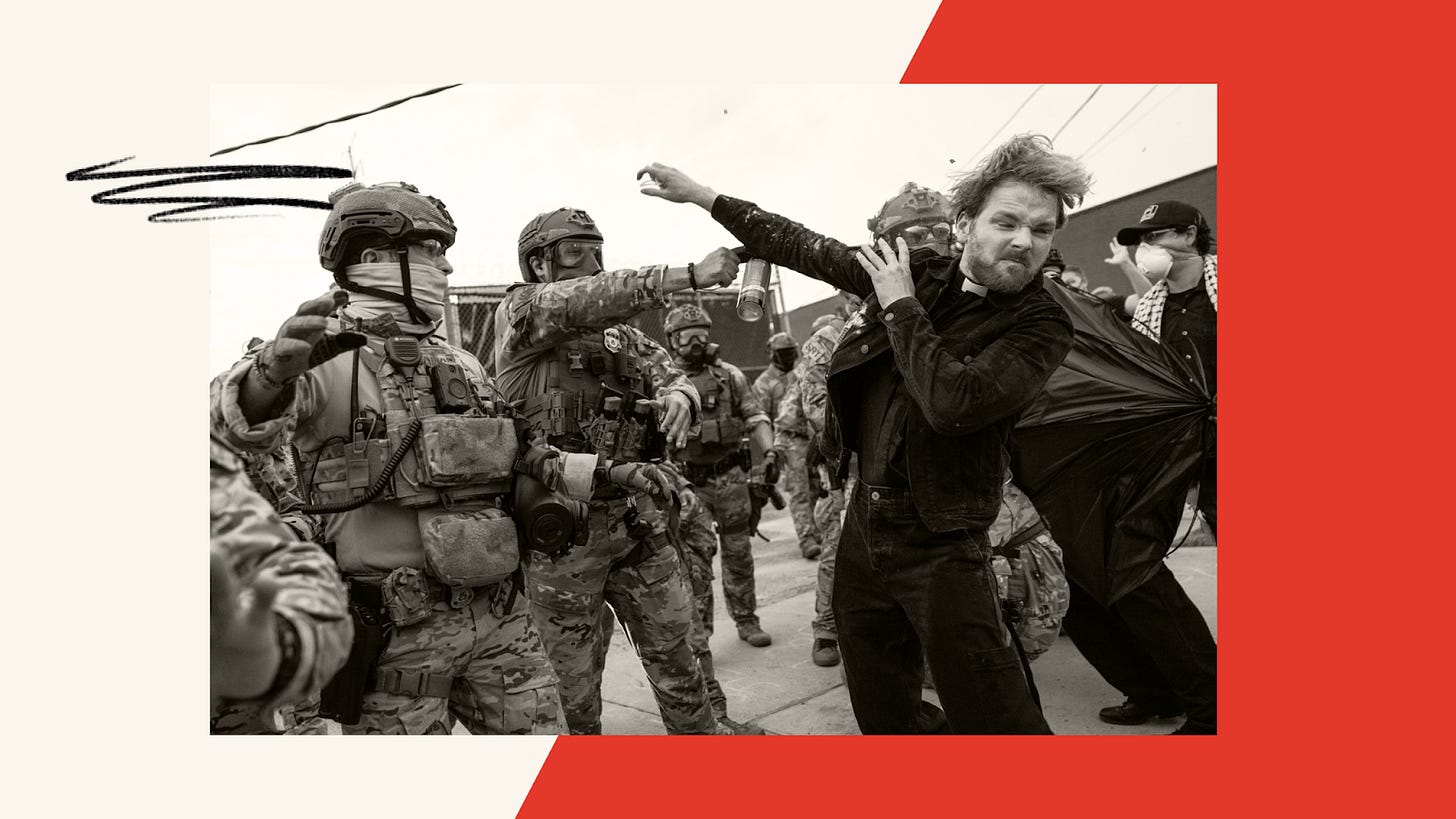 A federal immigration enforcement agent sprays Rev. David Black, of the First Presbyterian Church of Chicago, as he and other protesters demonstrate outside the U.S. Immigration and Customs Enforcement facility in Broadview, Illinois (Ashlee Rezin/Chicago Sun-Times via AP) A federal immigration enforcement agent sprays Rev. David Black, of the First Presbyterian Church of Chicago, as he and other protesters demonstrate outside the U.S. Immigration and Customs Enforcement facility in Broadview, Illinois (Ashlee Rezin/Chicago Sun-Times via AP)