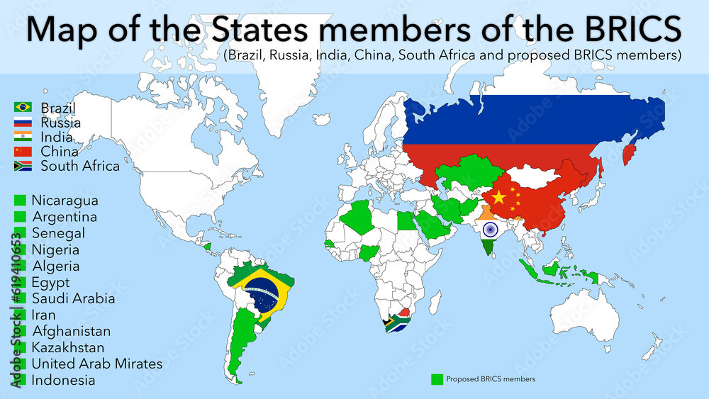 Χάρτης των κρατών μελών των BRICS Βραζιλία, Ρωσία, Ινδία, Κίνα, Νότια ...