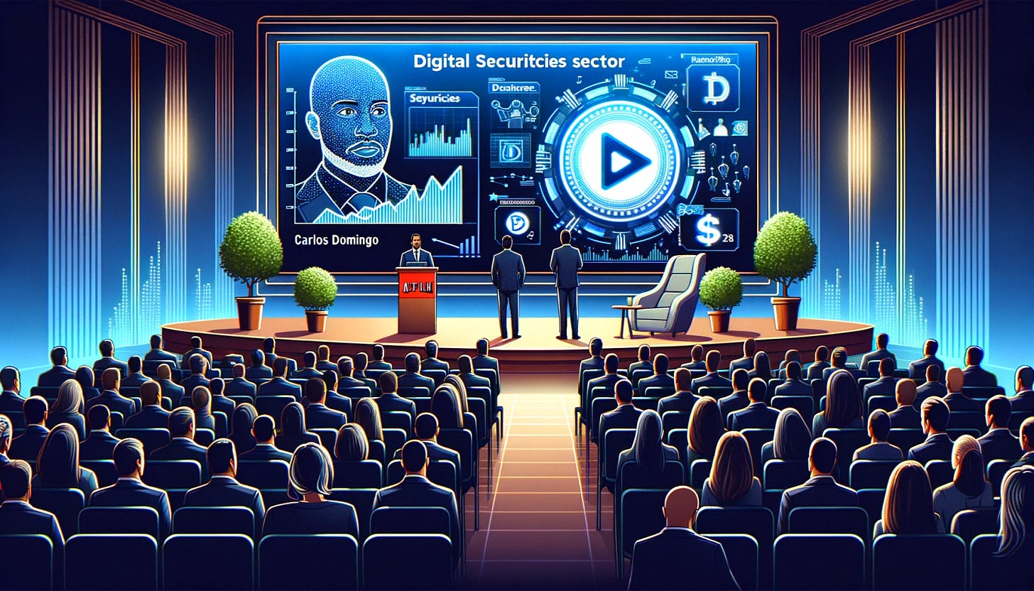 Illustration of a grand digital conference room. On the main screen, Carlos Domingo is giving a presentation, with graphics showcasing the potential of the digital securities sector. Attendees watch intently. On the side, a Netflix-style play button morphs into a digital coin, representing the evolution and convenience of finance.