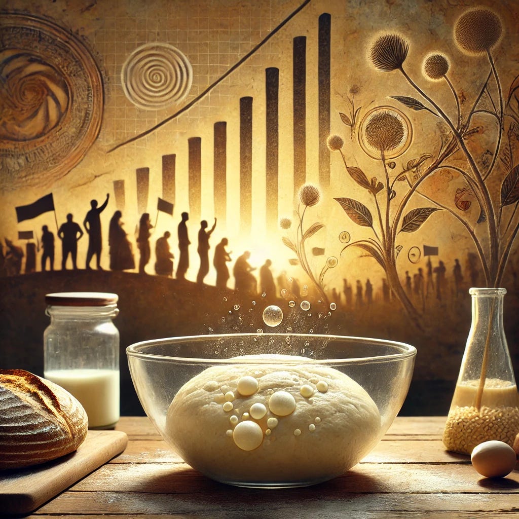 A visually captivating depiction of sourdough bread rising in a rustic kitchen setting, with subtle imagery connecting the bread's fermentation process to political movements. The bread dough is in a glass bowl, bubbling with life, and the background features symbolic elements like faint silhouettes of people in a rally, intertwining vines symbolizing unity, and soft, glowing light that suggests momentum and transformation. The setting is warm and textured, with earthy tones and a thought-provoking yet uplifting atmosphere.