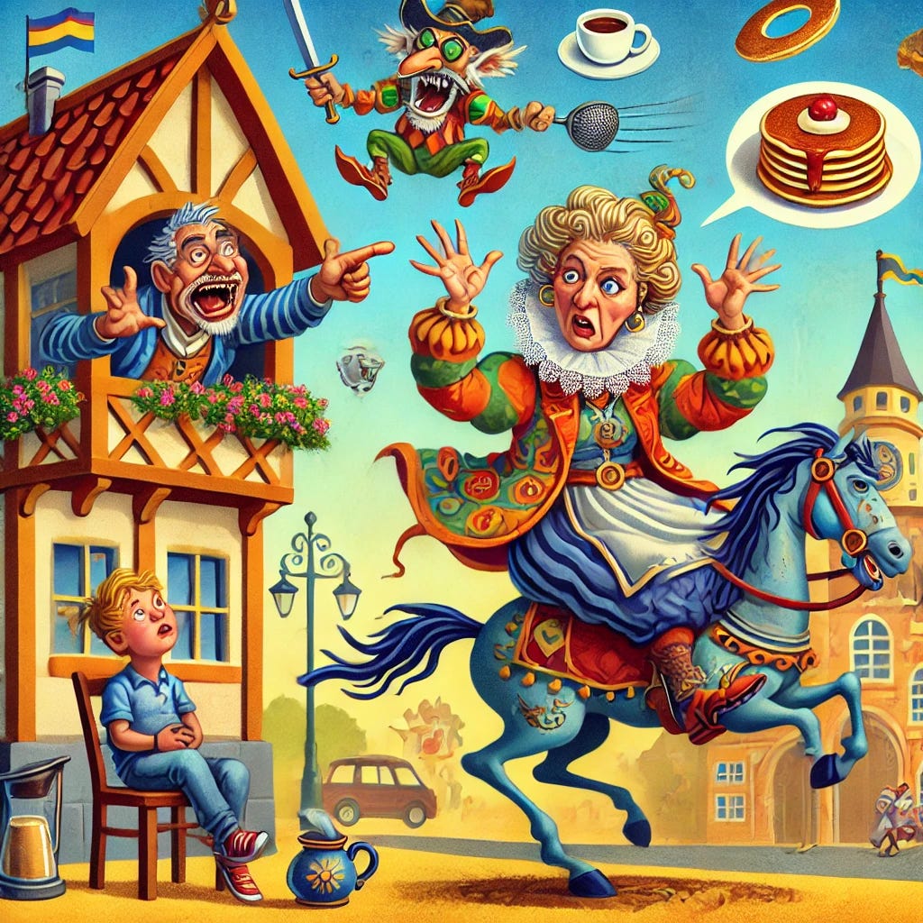 A whimsical and satirical cartoon-style illustration depicting a narcissistic mother as an over-the-top storyteller, dramatically waving her hands while spinning wild tales about a well-meaning father depicted as a clumsy yet kind dragon. The child, sitting nearby, looks skeptical but amused. The background includes exaggerated elements like a horse-drawn carriage with coffee on the roof, flying pancakes, and a courtroom jester scratching his head in confusion. The scene is colorful, light-hearted, and humorously chaotic, reflecting the absurdity of the mother's exaggerated accusations.