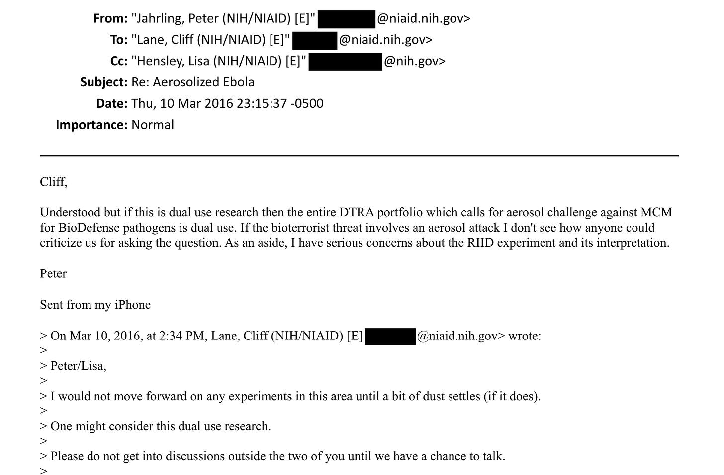 Lane's instruction, 2:34 p.m., March 10, 2016, with Jahrling's reply. Release, page 14. Lane's instruction, 2:34 p.m., March 10, 2016, with Jahrling's reply. Release, page 14.