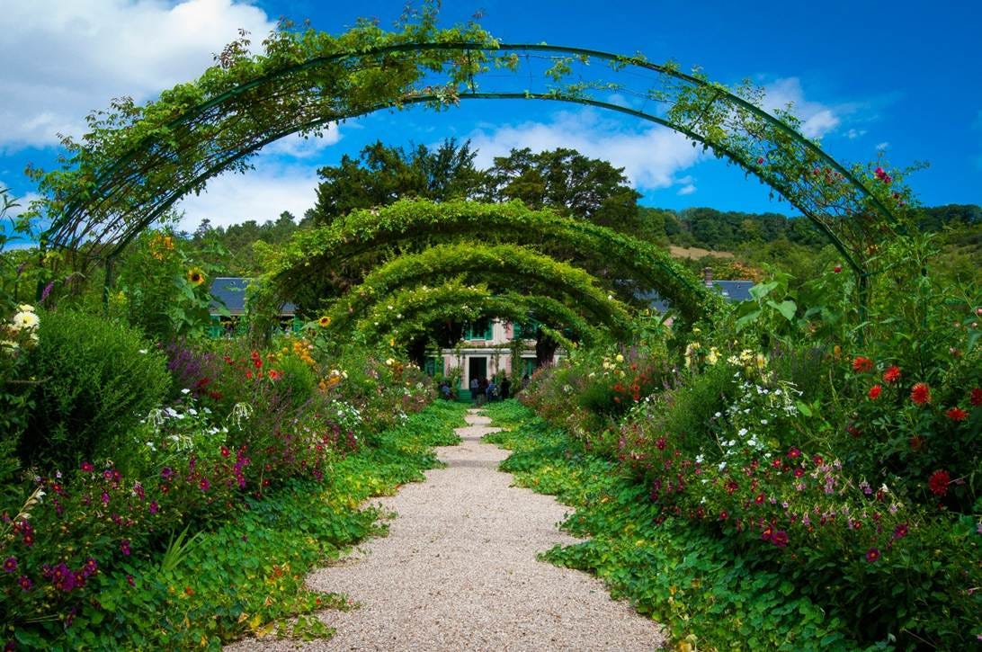 The image depicts a beautiful, sunlit garden with a vine-covered archway leading down a gravel path lined with colorful flowers and green foliage under a clear blue sky.

AI-generated content may be incorrect.