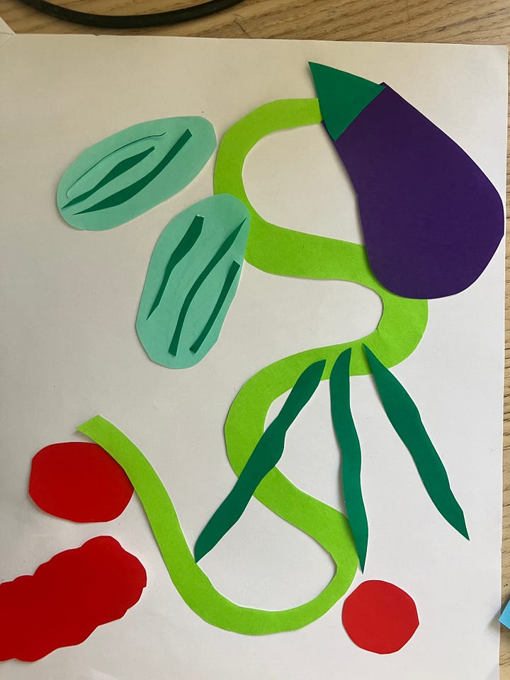 Colourful paper cut outs in one image showing a green stem, an aubergine, tomatoes, cucumbers, green beans. The same image with more added (flowers, confetti, berries) on a 30th birthday invitation with a grid background.)