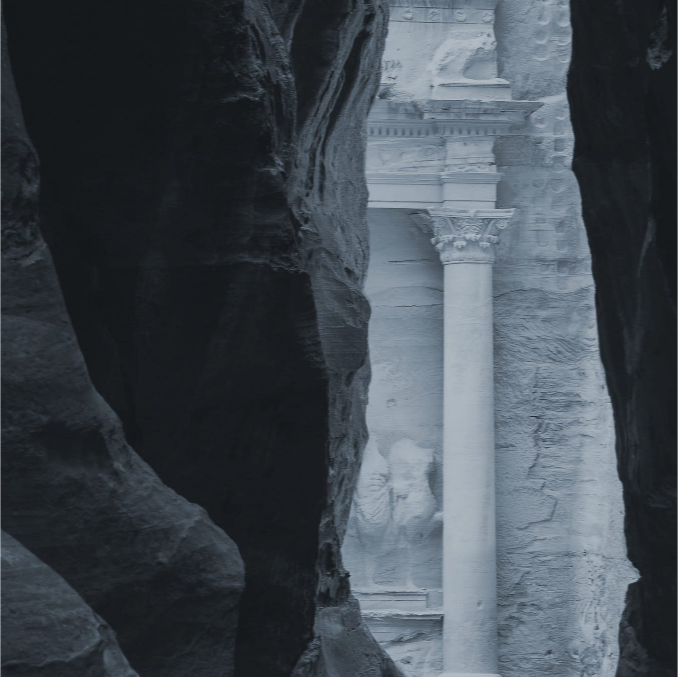 A recoloured image of the wadi and architecture at Petra.