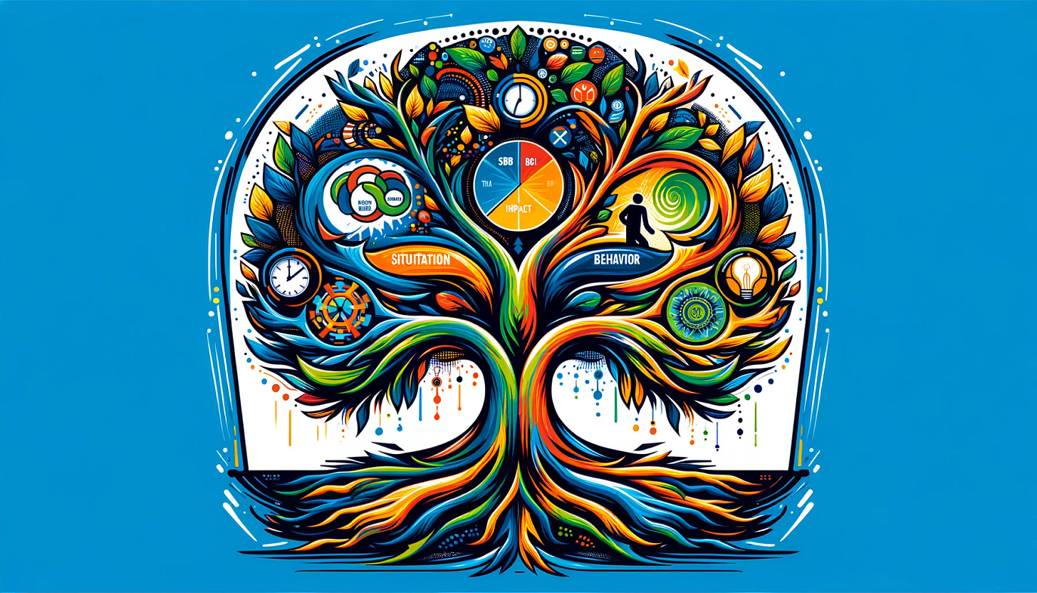 A metaphorical and visually engaging representation of the SBI (Situation-Behavior-Impact) model, suitable for illustrating a blog post on substack.com. The model is depicted as a tree with three distinct sections. The roots represent the 'Situation,' depicted in bright blue with symbols like a calendar or clock. The trunk represents 'Behavior,' in vibrant green, showing symbols like a person taking action. The branches and leaves represent 'Impact,' in striking orange, with symbols like a ripple effect or lightbulb. The overall design is artistic and abstract, with vivid colors and clean lines, making it visually appealing and easy to understand at a glance.