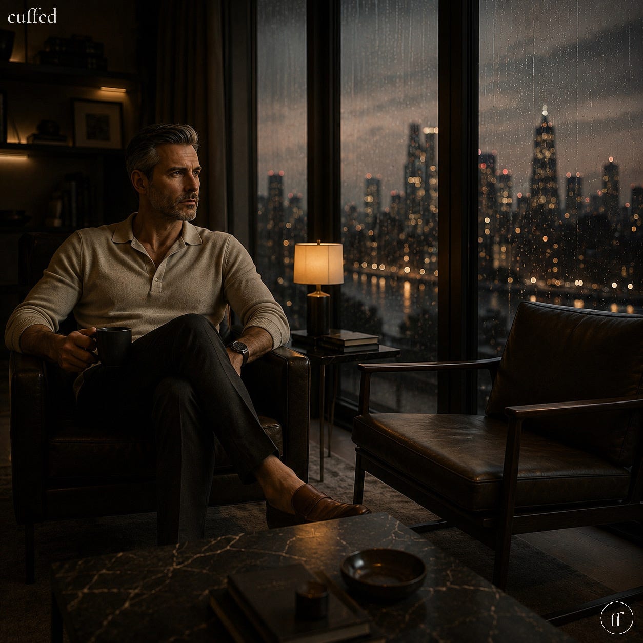 silver-haired man in cream henley sweater seated in dark leather armchair, holding black coffee mug, gazing at rain-streaked floor-to-ceiling windows overlooking lit city skyline at night. warm lamp glow, moody chiaroscuro lighting, empty chair beside him. cuffed wordmark top-left in white serif. black fused ff logo bottom-right. masculine introspection, solitude, emotional outsourcing, self-reckoning. cuffed musing no. 117. silver-haired man in cream henley sweater seated in dark leather armchair, holding black coffee mug, gazing at rain-streaked floor-to-ceiling windows overlooking lit city skyline at night. warm lamp glow, moody chiaroscuro lighting, empty chair beside him. cuffed wordmark top-left in white serif. black fused ff logo bottom-right. masculine introspection, solitude, emotional outsourcing, self-reckoning. cuffed musing no. 117.