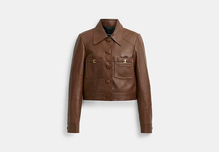 COACH®,SHRUNKEN LEATHER JACKET,Brown,Front View