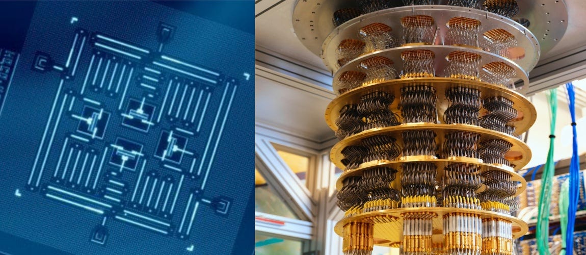 Composite picture of qubit and chandelier structure of quantum computer