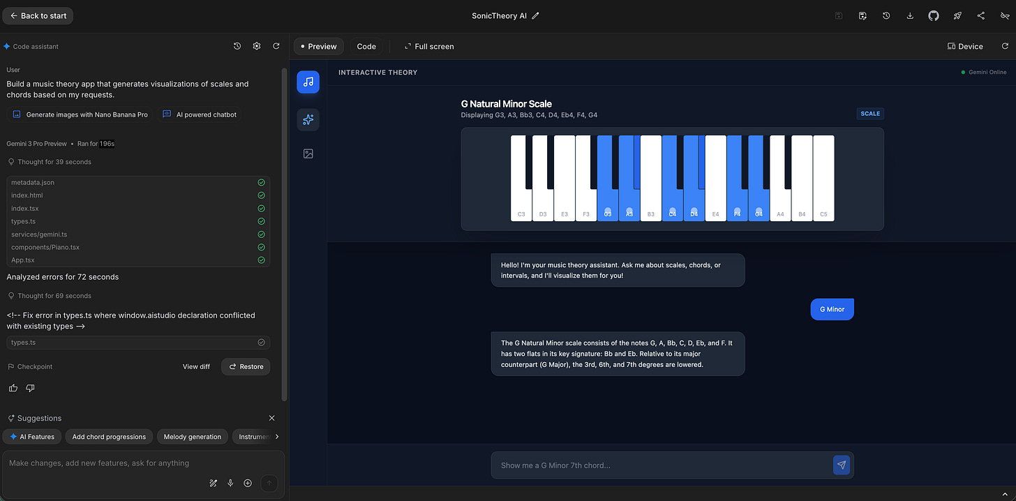 A screenshot of the 'SonicTheory AI' app functioning, showing blue highlighted keys for the 'G Natural Minor Scale' on the piano visualizer and a detailed text explanation of the scale in the chat window.