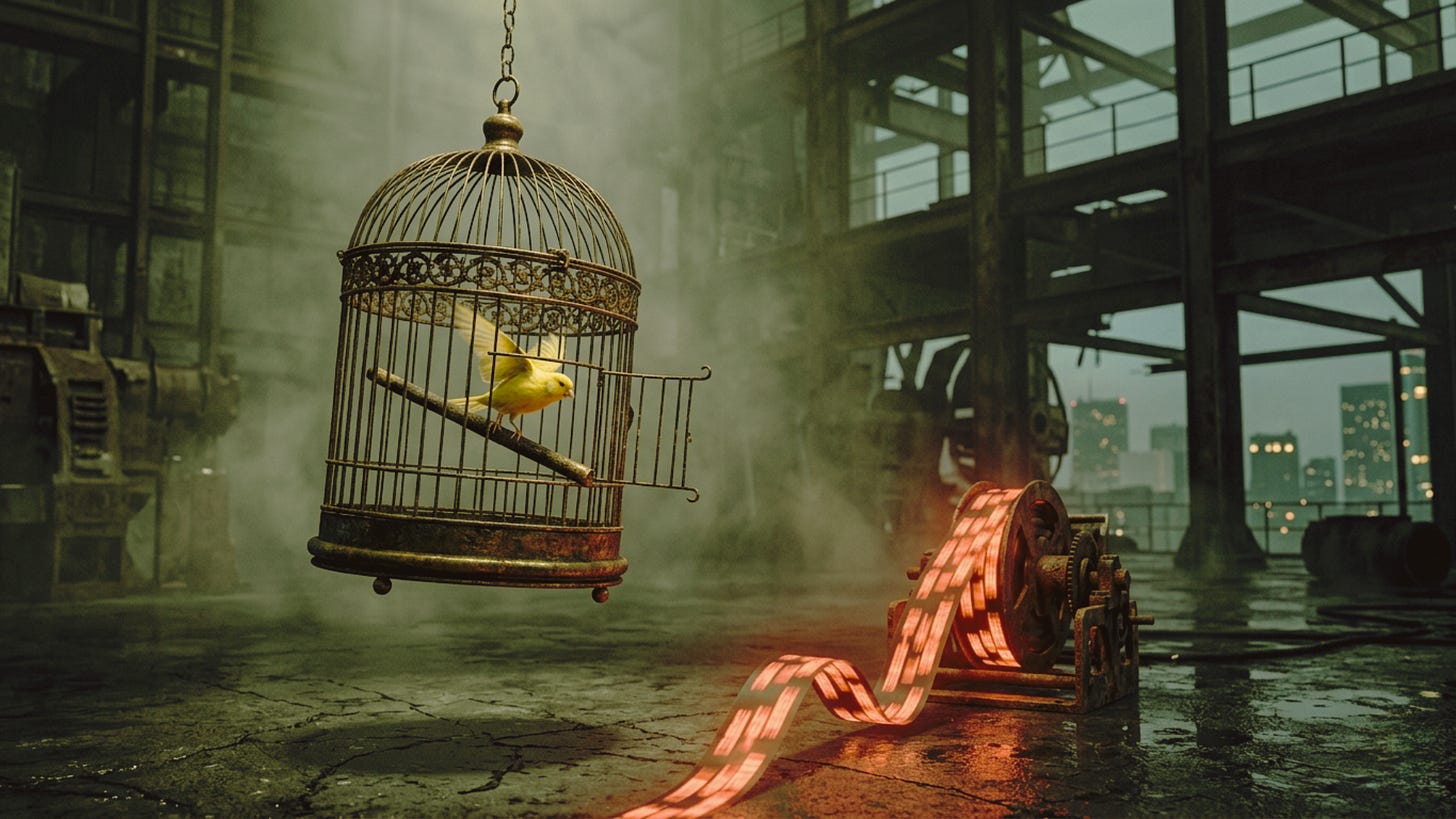 Ornate birdcage with yellow canary hanging in abandoned industrial warehouse with glowing ribbon