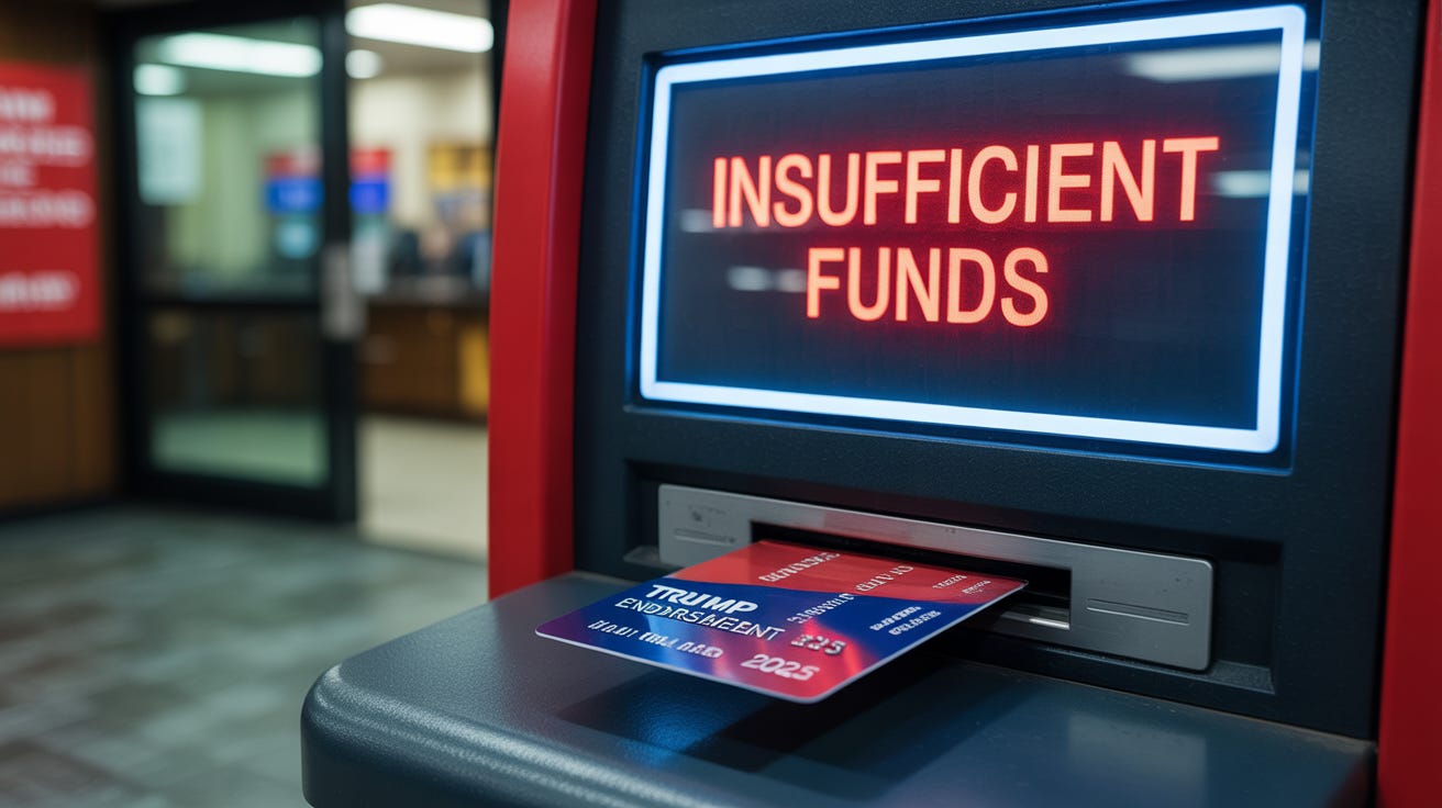 ATM display showing "Insufficient Funds" error message with a card labeled "Trump Endorsement 2025" in the reader, illustrating how Republican candidates discovered Trump's political capital was depleted when they attempted to convert his support into electoral victories.