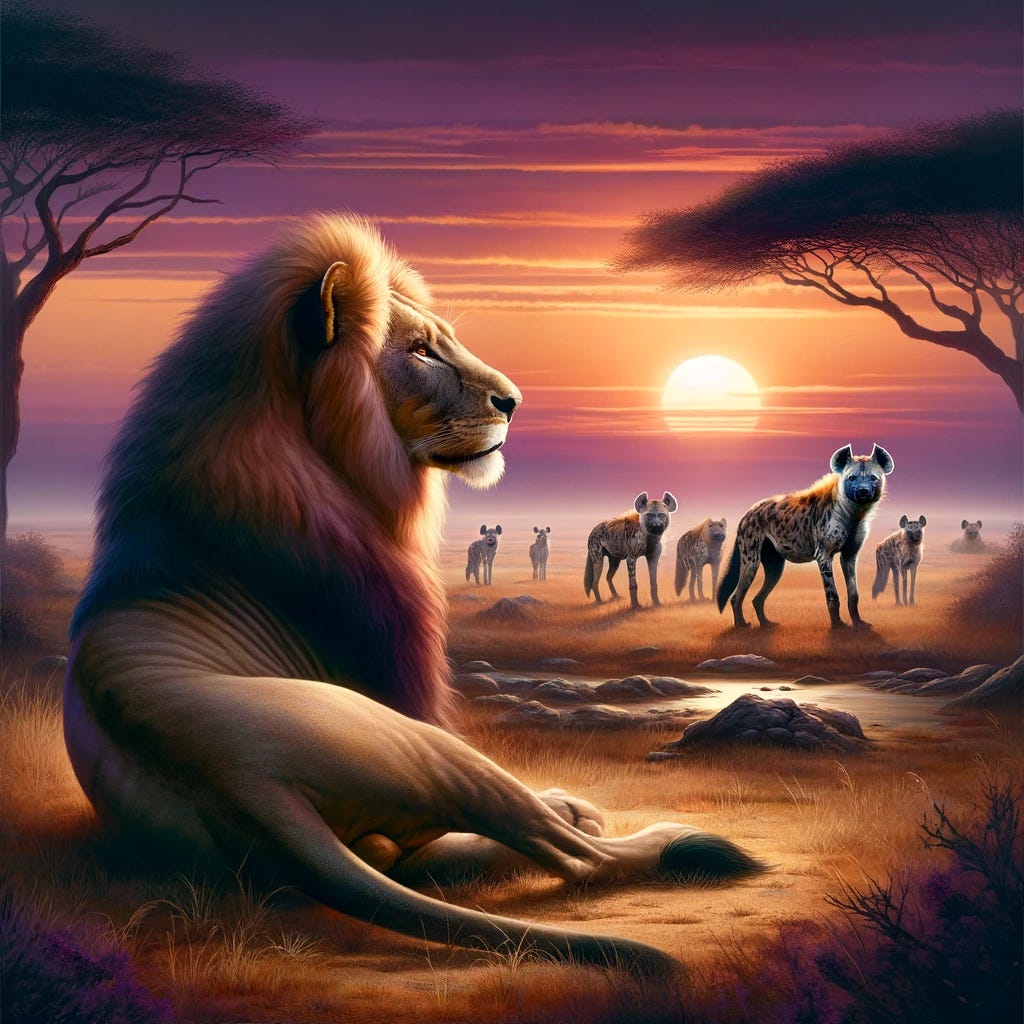 An image depicting an old, wise lion sitting gracefully in the foreground of an African savannah, gazing peacefully towards the horizon where the sun is setting with a tapestry of warm oranges and purples. In the background, a group of hyenas is subtly present, watching from a respectful distance, symbolizing potential challenges and the presence of time. The atmosphere is serene, signifying the lion's acceptance of the life's cycle and the dignity in aging. An image depicting an old, wise lion sitting gracefully in the foreground of an African savannah, gazing peacefully towards the horizon where the sun is setting with a tapestry of warm oranges and purples. In the background, a group of hyenas is subtly present, watching from a respectful distance, symbolizing potential challenges and the presence of time. The atmosphere is serene, signifying the lion's acceptance of the life's cycle and the dignity in aging.