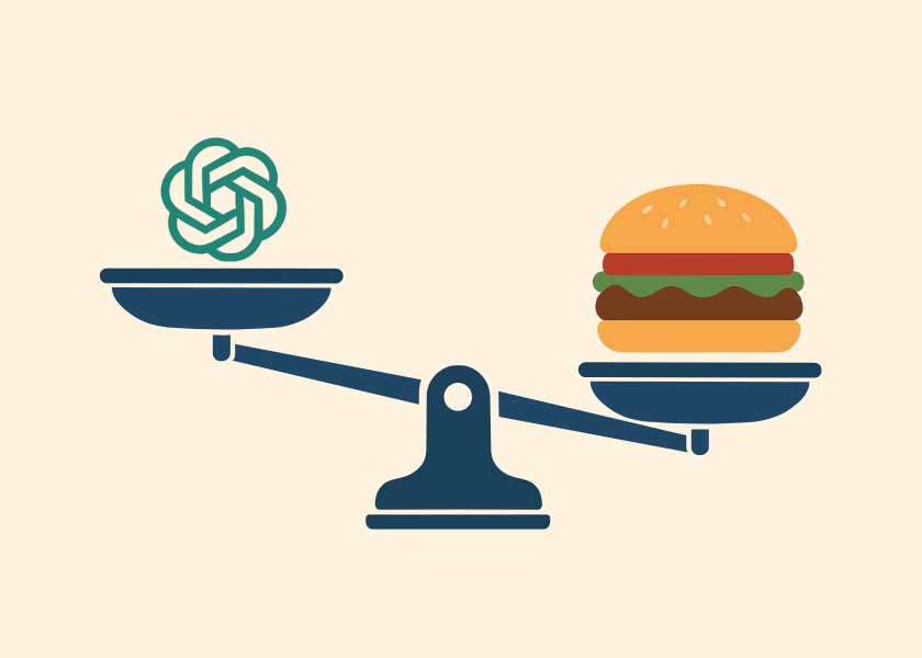 Hamburger weighing down ChatGPT logo