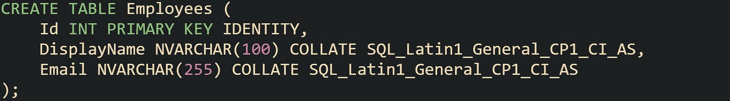 CREATE TABLE Employees (     Id INT PRIMARY KEY IDENTITY,     DisplayName NVARCHAR(100) COLLATE SQL_Latin1_General_CP1_CI_AS,     Email NVARCHAR(255) COLLATE SQL_Latin1_General_CP1_CI_AS );