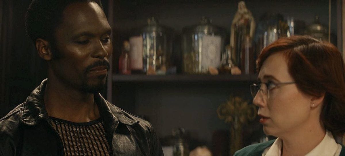 Black vampire man biting into white woman on The Winchesters 1.09 Black vampire man biting into white woman on The Winchesters 1.09